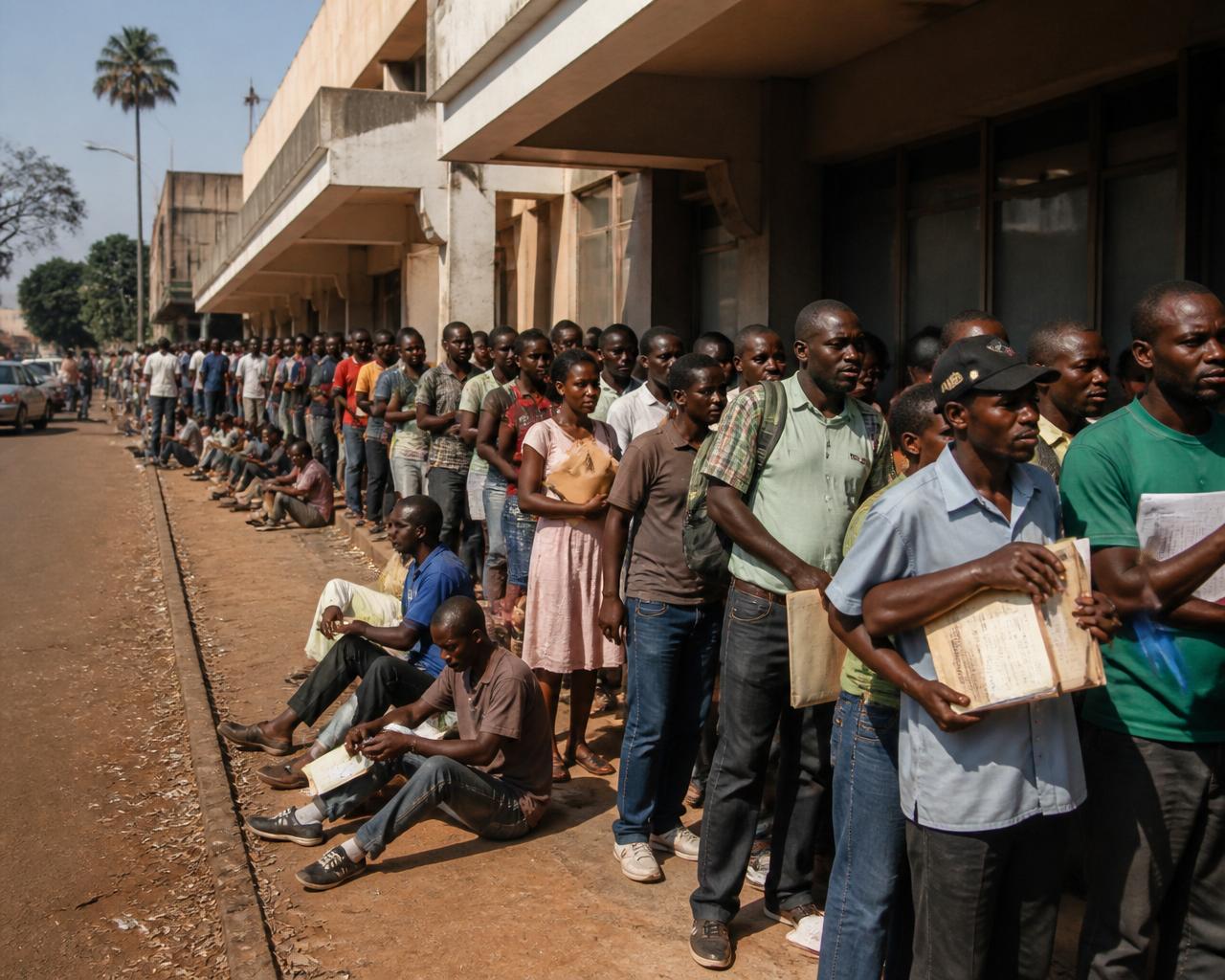 Long queue of applicants waiting outside the Makombe Central Registry office in Harare, Zimbabwe
